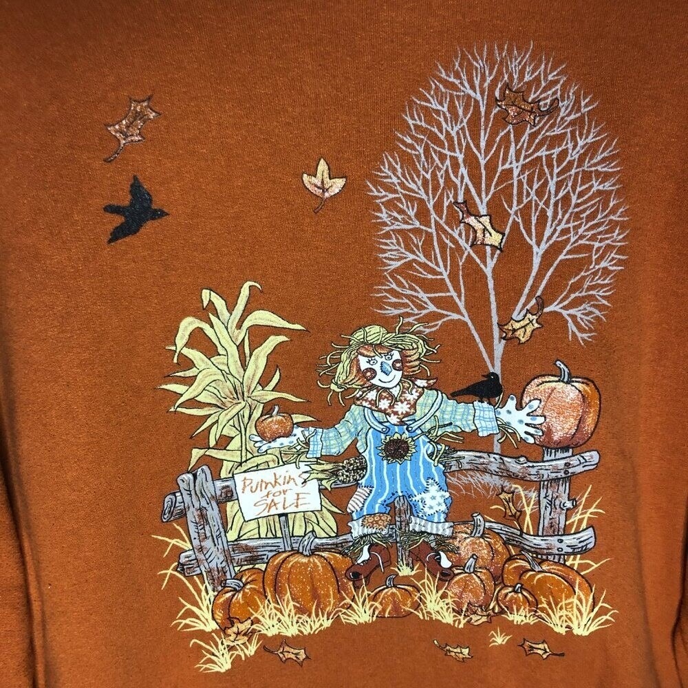 Jerzees NuBlend Burnt Orange Autumn Scarecrow Pumpkin Harvest Sweatshirt Large - Picture 3 of 5